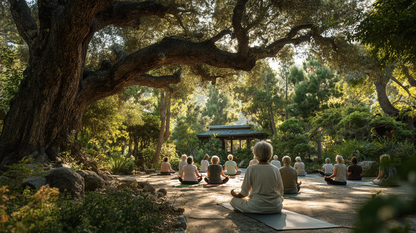 Група старших людей практикує йогу на природі